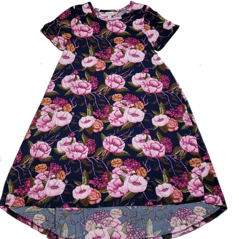 NEW LuLaRoe Med Carly Blue Pink Floral Swing Dress High Low Flowy Short‎ Sleeve